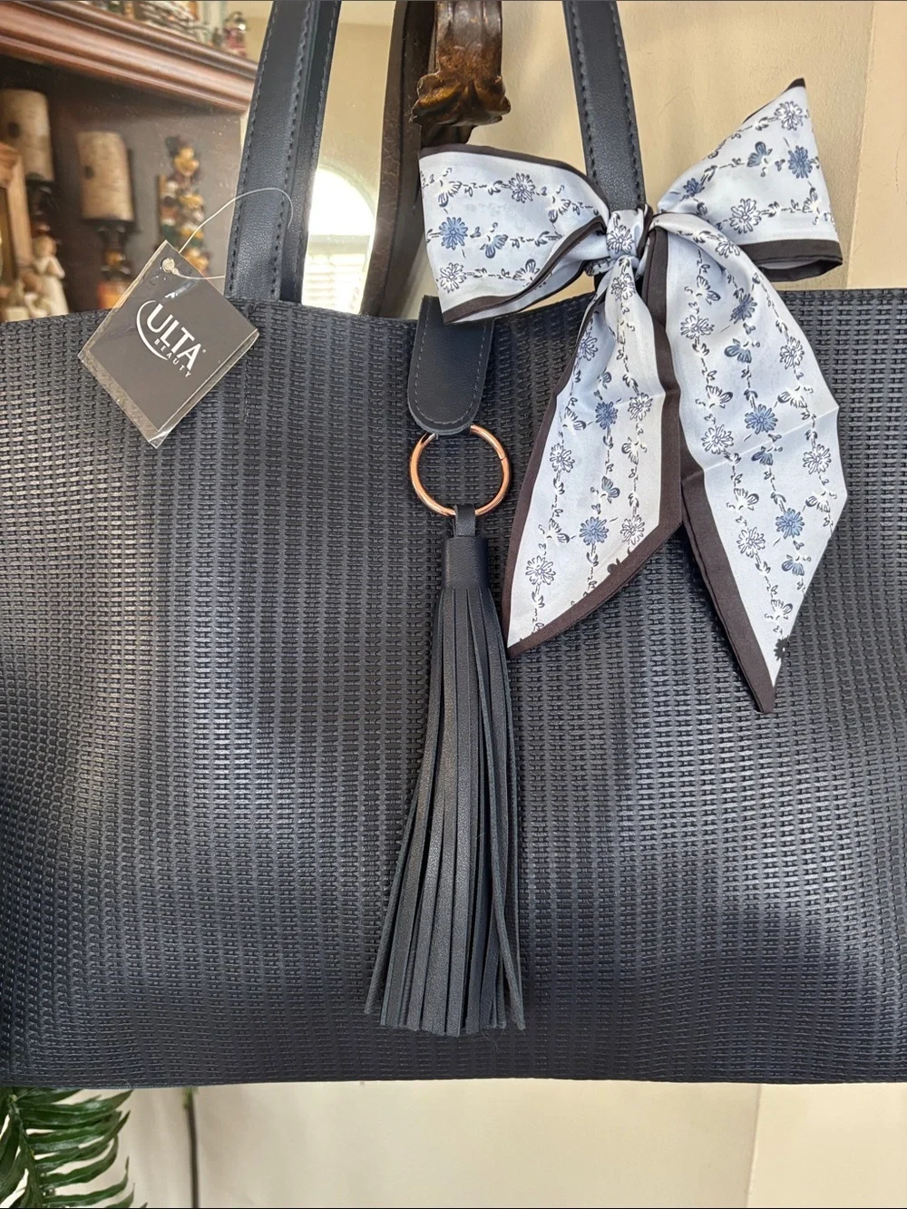 Chic Textured Navy Tote Shoulder Bag Tassel & Scarf Bow Laptop Office Snap Close